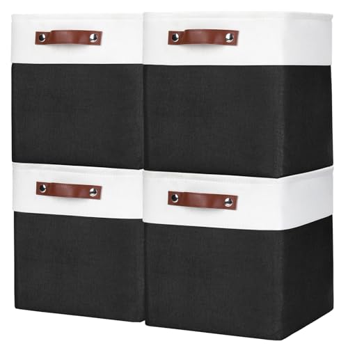 Bagnizer Collapsible Fabric Storage Cubes 11x11 Cube Storage Bins, 4 Pack Closet Baskets Box with Handles for Organizing, Shelf, Toys, Clothes, Home, Office, Nursery (Black&White) - color: Black / Off-White, size: Cube - 11"x11"x11"