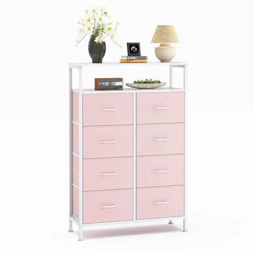DUMOS Fabric Dresser for Bedroom with 8 Drawers, Tall 8-Drawer Chest of Drawers with Raised Shelf, Storage Tower with Fabric Bins for Closet Organization, Hallway Storage, Rose - color: Blush, size: 31.5"D x 45.9"W x 11.8"H (8 Drawers)