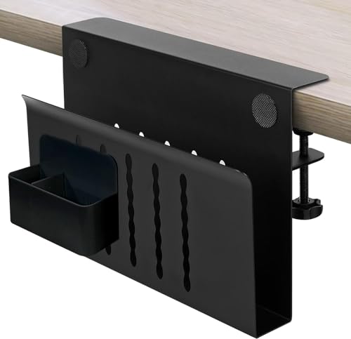 Desk Side Storage, Desk Laptop Holder with Magnetic Pen Holder, No Drill Desk Side Organizer for Office and Home Fits Flat Edge 0.3" to 2.3" - color: Black