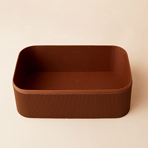 LA JOLIE MUSE Fluted Cardboard Storage Baskets with Leather-Like Lids, Sturdy Stackable Paper Boxes Decorative Tray, Chocolate Brown, Set of 3 - color: Chocolate Brown