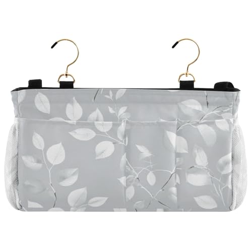 Bedside Caddy Metal Frame Hanging Organizer Bunk Bed Dorm Accessories Hook And Loop Storage Bag Large Pockets Elegant Grey Leaves - color: Elegant Grey Leaves
