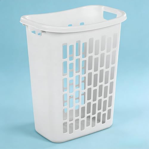 Rectangular Open Plastic Laundry Hamper, 1.8 Bushel Slim Ventilated Clothes Hamper with Handles for Narrow Spaces, Dorms & Apartments, White