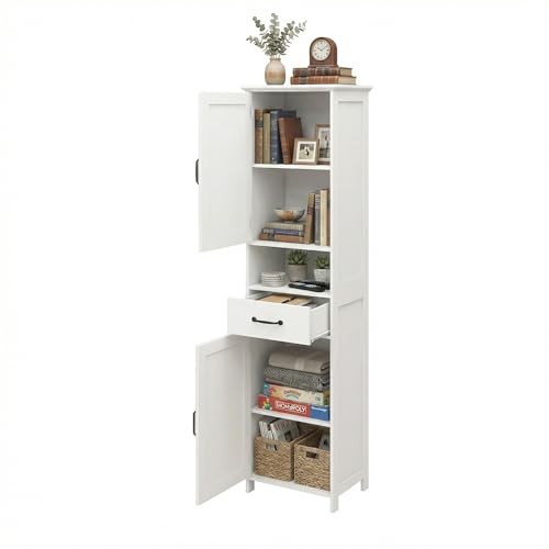 Casaphoria Tall Bathroom Storage Cabinet, 65" H Narrow Floor Cabinet with 2 Barn Doors and 1 Drawer, Freestanding Linen Tower with Adjustable Shelves, Anti-Tipping, White - size: 15.74"L×11.8"W×64.96"H