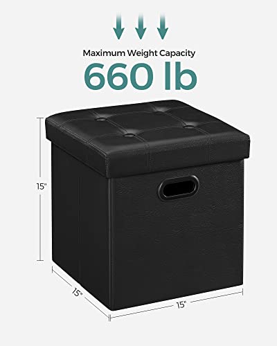 SONGMICS Mazie Collection - 15 Inches Ottoman with Storage, Footstool, Storage Ottoman with Metal Grommet Handles, Load 660 lb, for Dorm, Living Room, Bedroom, Synthetic Leather, Black ULSF30B - color: Black, size: 15"D x 15"W x 15"H