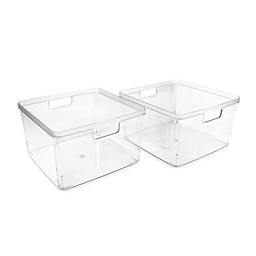 Isaac Jacobs 2-Pack Square Clear Storage Bins (10” L x 10” W x 6.1” H) w/Cutout Handles, Plastic Organizer for Home, Office, Kitchen, Fridge/Freezer, Bathroom, BPA Free, Food Safe (2-Pack, Square) - size: Square