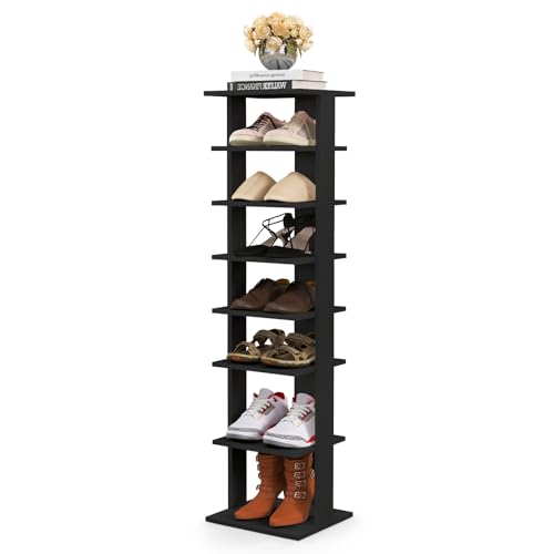COSTWAY 8-Tier Vertical Shoe Rack, Tall Narrow Shoe Storage Organizer with Removable Shelf for Boots, Anti-Tipping Kit, Space-Saving Shoe Stand with for Small Place, Entryway (Black) - color: Black