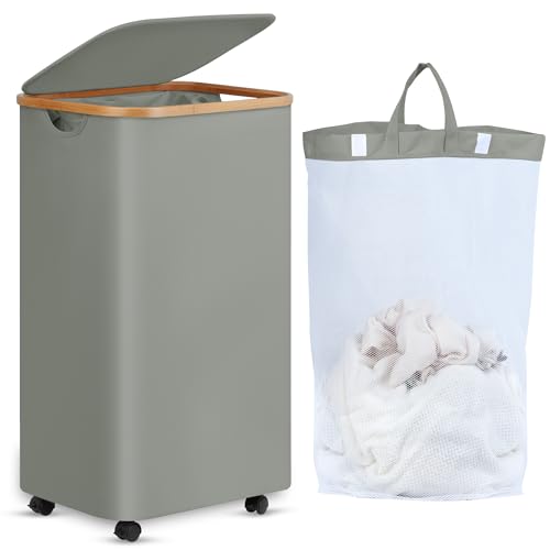 efluky Laundry Basket with Wheels, Tall Rolling Laundry Hamper with Lid and Removable Bag, Aesthetic Dirty Clothes Hamper on Wheels for Laundry Room, Bedroom, Dorm and Bathroom, 100L Grey - color: Grey, size: 100L