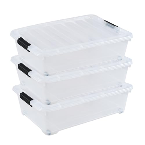3-Pack 20 Quart Plastic Wheeled Latching Storage Boxes, Stackable Underbed Organizer Bins with Lid, Clear - size: 20 Quart