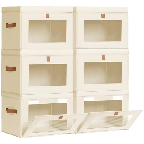 Homsorout Large Storage Bins with Lids - Fabric Collapsible Closet Storage Organizer with Window & Handles, Stackable Decorative Storage Boxes for Clothes, Blankets, Sweaters, 6 Pack, Beige - color: Beige, size: 6 Pack