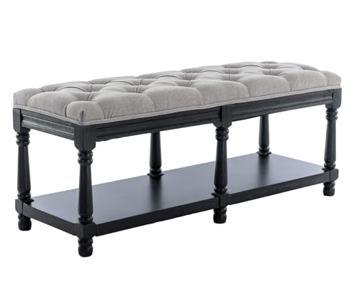 Kmax Storage Entryway Bench Tufted Shoe Rack Bench Black Wood Window Bench for Hallway Entrance Bedroom Corner, Grey - color: Gray- Black Wood, size: Storage- 2 Seats