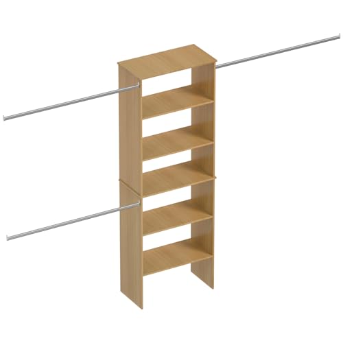ROOMTEC Closet System, 25.5" Wide Wall-Mounted Closet Organizer Kit with Wood Storage Tower and 3 Hanging Rods, Wardrobe Closet System for Walk-In Closets, Wood - color: Wood, size: 25.5 Inch