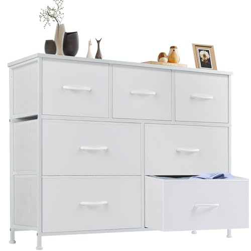 Sweetcrispy 7 Drawer Dresser Storage Organizer with Fabric Bins, Sturdy Steel Frame and Wood Top, Easy Pull Handles, for Bedroom Closet Hallway Entryway,White - color: White, size: 39.4"D x 11.8"W x 30.6"H (7 Drawers)