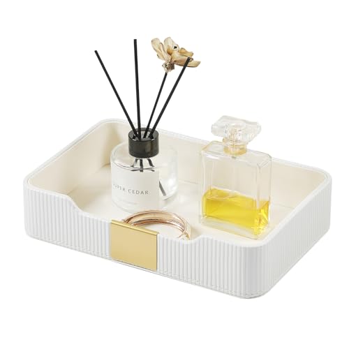 Valet Tray Desktop Storage Organizer, PU Leather Catchall Bedside Vanity Tray with Brass Accents Block Nightstand Organizer for Keys Watch Wallet Phone, Decorative Nightstand Storage (White) - color: White