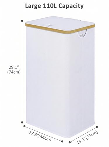 iEGrow 110L Laundry Hamper with Lid，Dirty Clothes Hampers for Laundry,Laundry Basket with Bamboo Handles and Removable Bag,Hamper for Bedroom, Bathroom, Dorm, Laundry Room, White - color: White, size: 110L