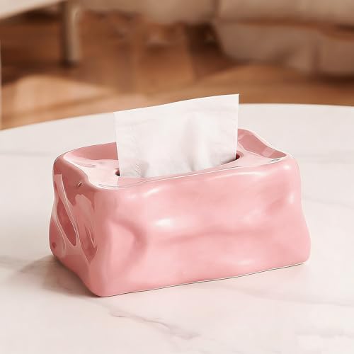 Ceramic Tissue Box Cover Modern Decorative Organizer for Facial Tissues Holder, Farmhouse Style Home Decor for Bathroom, Bedroom, Living Room & Office (Square Pink) - color: Square Pink