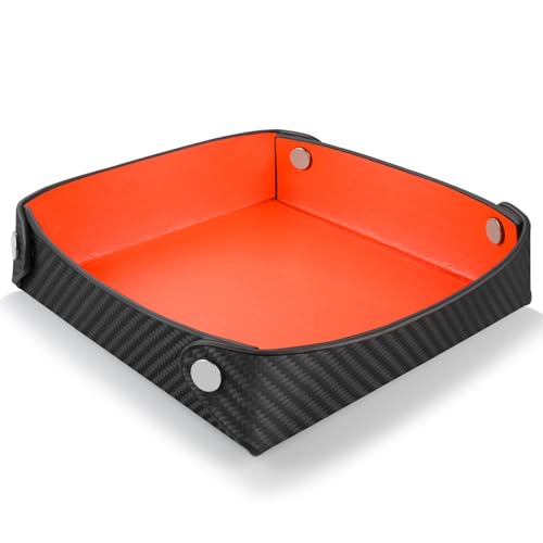Leather Carbon Fiber Desktop Storage Tray, Decorative Catchall Organizer for Keys, Wallet, Watch, Jewelry, Entryway Table - color: Orange