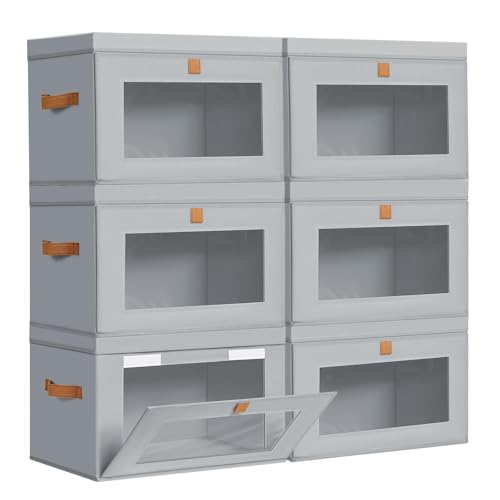 DIMJ Storage Bins with Lids - 6 Pack Large Fabric Closet Organizer with Window & Handles, Collapsible Decorative Storage Boxes for Shelves Under Bed, Books Clothes Blankets Sweaters Organization - color: Gray, size: Small-6 Pack