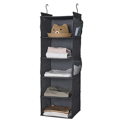 MAX Houser 5 Shelf Hanging Closet Organizer, Space Saver, Cloth Hanging Shelves with 4 Side Pockets, Foldable, Grey - color: Grey-6