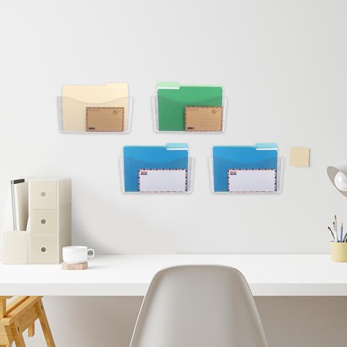 EASEPRES 4 Pack Clear Single Pocket Hanging File Organizer, Plastic Wall Mount Paper Mails Magazines Holder, Mounted Folder Bins for Office, School and Home, 13.85x3.14x6.88 inches - color: Clear, size: 4 Pack