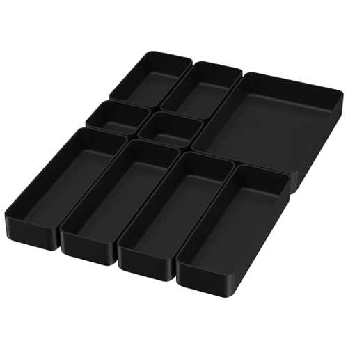 9 Pcs Stackable Drawer Organizer Trays Set, Multifunctional Stackable Storage Trays for Vanity, Bathroom, Kitchen, Desk Drawer Organizer Office. Plastic Drawer Organizers Available In 5 Colours, Black - color: 9-4Black