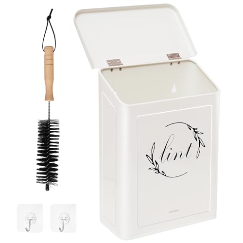 Magnetic Lint Bin for Laundry Room, Metal Lint Trash Can with Lid for Dryer, Wall Mounted Lint Holder Box with Lint Brush, Modern Farmhouse Laundry Room Decor, Cream - color: Cream