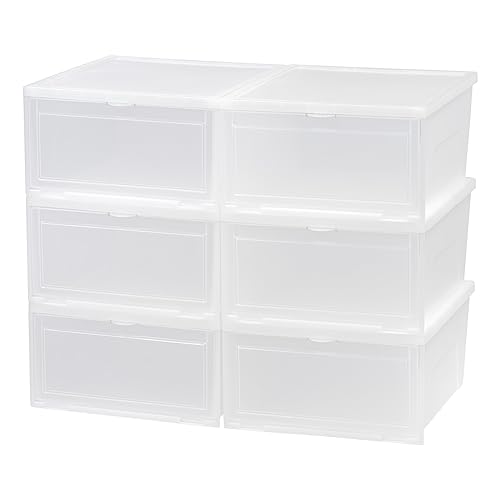 IRIS USA Stackable Shoe Storage Box with Latch Drop Front Door, 6-Pack, for Scarf Game Organizer Container with Ventilation Holes for Closet Under Bed Entryway Storage, Strudy, Wide, Clear - size: 18 Qt Drop Front - 6 Pack
