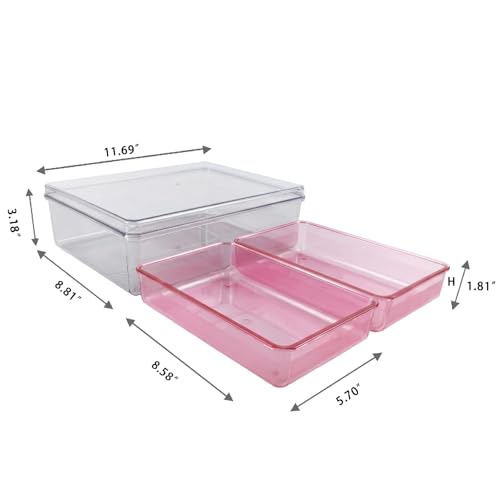 MOSSRIVER 3 Pack Clear Drawer Organizer Set, Plastic Desk Organizer Bin with Lid & Trays, Colorful Storage Box with Removable Trays for Cosmetics, Jewelry, Bedroom, Bathroom, Office, Combo 10 - color: Color 10