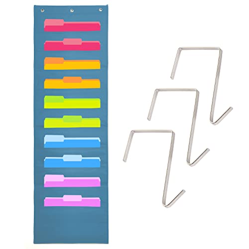 Hippo Creation Heavy Duty Storage Pocket Chart for Classroom, 10 Pocket Storage Organizer with 3 Over-Door Hangers, Hanging Wall Organizer for File Folders, School Mailbox, Home Office Papers - Blue - color: Blue - (10 Pockets)