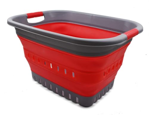 SAMMART 37L (9.77 gallon) Collapsible Plastic Laundry Basket - Foldable Pop Up Storage Container/Organizer - Space Saving Hamper/Basket (1, Grey/Red) - color: Grey/Red