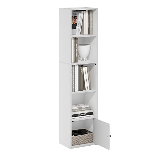 Furinno LUDER Book Shelf, 5-Tier Modern Bookshelf, Bookcase with 1 Door Storage Cabinet, 9.3 x 12 x 52, for Organization and Storage, for Living Room, Bedroom, Home Office, White - color: White, size: 5-Cube with Cabinet