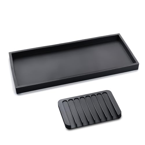 Bloss Bathroom Vanity Tray with Soap Dish-15.7X 5.9inch Silicone Tray for Kitchen Counter, Sink Vanity Trays with Soap Holder, Toilet Tank Tray, Great Counter Trays for Jewelry/Candle/Key/Perfume - color: Black, size: 15.7" x 5.9" x 0.9"