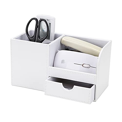 KINGFOM Desk Organizer Office Supplies Caddy Pu Leather Multi-function Storage Box Pen/Pencil,Cell phone, Business Name Cards Remote Control Holder with Small Drawer White - color: White