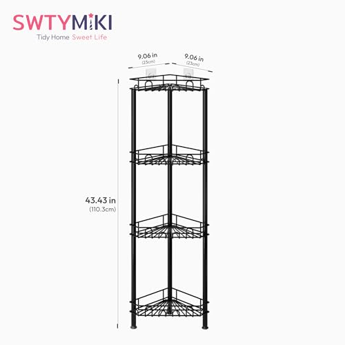 SWTYMIKI Standing Shower Caddy Corner - 4‑Tier Stainless Steel Shower Organizer Shelf with 16 Hooks and Adhesive Pads, Rustproof Corner Shelves Stand Rack for Bathroom Shower Room, Black - color: Black-4‑Tier