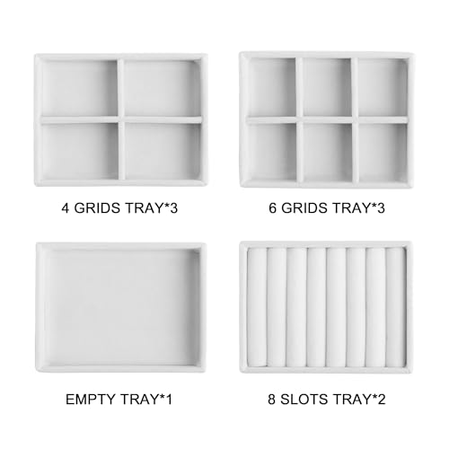 Frebeauty Small Jewelry Tray Set,Stackable Velvet Jewelry Organizer Tray,Mini Jewelry Drawer Organizer,Drawer Inserts,4.92 x 3.74 x 0.9 Inches,Earring Organizer for Women(Set 9,White) - color: White, size: Mixed Set 9