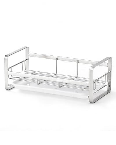 HULISEN Large Sponge Holder, 304 Stainless Steel Kitchen Soap Dispenser Caddy Organizer, Countertop Soap Dish Rack Drainer with Removable Drain Tray, not Including Dispenser and Brush, Silver - color: Silver, size: Large