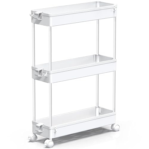 SPACEKEEPER Slim Rolling Storage Cart, 3 Tier Bathroom Storage Organizer Laundry Room Utility Cart Mobile Shelving Unit, Multi-Purpose for Kitchen Office Bathroom Laundry Narrow Places, White - color: White
