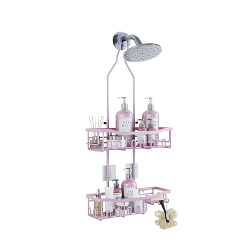 Shower Caddy, Upgraded Extended Length Shower Caddy Over Showerhead No Blocking to Shower Head, Rustproof Shower Organizer with Hooks Shampoo Soap Holder, Bathroom Large Hanging Shower Caddy - color: Pink - 2 Tier - Standard