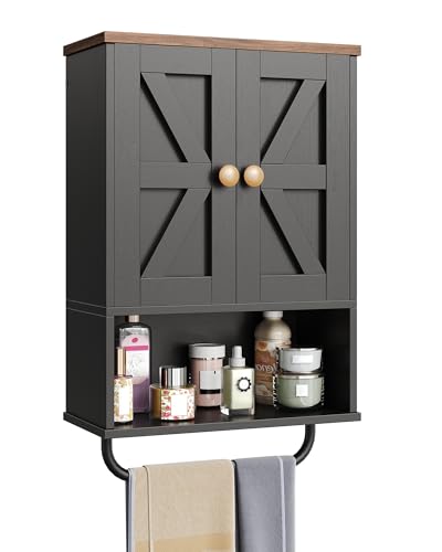 CHOEZON Bathroom Wall Cabinet, Medicine Cabinet with Open Partition and Towel Bar, Rustic Storage Cabinet with Open and Hidden Storage Space, for Bathroom, Living Room, Kitchen, Black and Walnut - color: Black and Walnut, size: 7.1"D x 15.4"W x 24.4"H