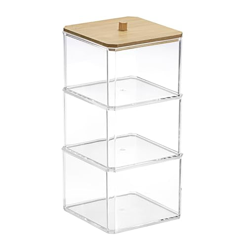 Hipiwe 3 Tiers Acrylic Cotton Swab Organizer Clear Qtip Holder with Lid Stackable Bathroom Accessories Storage Box for Office Living Room Bathroom, 3.7 x 3.5 x 7.8 Inch