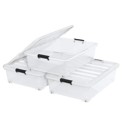50 Quart Plastic Under Bed Storage Boxes, Clear Under Bed Storage Containers with Wheels, 3-Pack - size: 50L