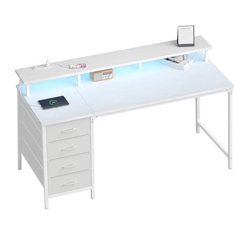 DUMOS Computer Desk with 4 Drawers,4 Drawer Gaming Desk with Power Outlets and LED Lights,Office Desk for Small Spaces with Monitor Shelf,Writing Desk for Home Office, Bedroom,Study 39 Inch White - color: White, size: 40-In