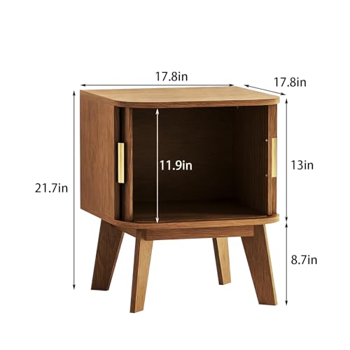 Fluted Nightstand with Sliding Tambour Doors, Curved Edge Wood Bedside Table for Bedroom, Side Tables with Storage for Living Room (1, Square - Walnut) - color: Square - Walnut