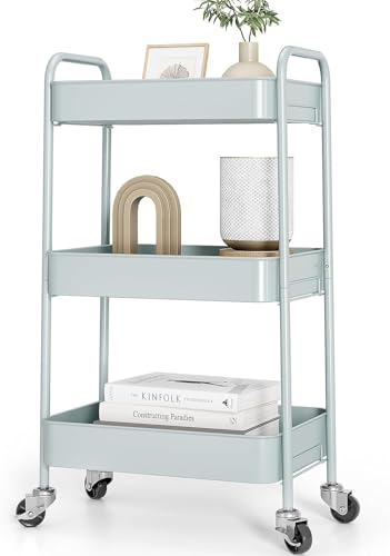 TOOLF 3-Tier Rolling Cart - Metal Utility Storage Organizer with Lockable Wheels, 33 lbs Per Shelf, Tool-Free 5-Min Assembly, for Kitchen Bathroom Office Nursery Craft Room, Green - color: Green, size: 3-Tier