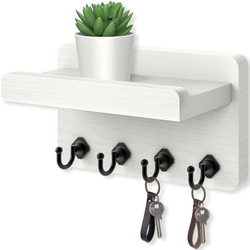 Nekon Key Holder Wall Mount, 8.5 Inch Small Home Decor Wooden Wall Organizer with 4 Hooks and Shelf, Key and Mail Holder for Living Room Entryway Kitchen(White) - color: White