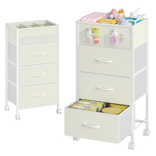 4-Tier Baby Diaper Caddy Organizer Cart with 3 Storage Drawers, Rolling Cart with Dividers & Side Pockets for Nursery, Baby Essentials, Toys, Wipes & Creams, Portable Kids Storage Cart & Station - color: Light Khaki, size: 11.8"D x 16.5"W x 31.9"H (3 Draw