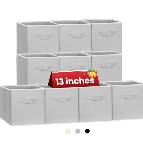Criusia Large Storage Cubes, 13x13 Cube Storage Bins (Set of 10), Fabric Collapsible Storage Bins with Dual Handles, Foldable Cube Baskets for Shelf, Closet Organizers and Storage Box (Grey) - color: Grey, size: 10 Pack - 13 inches