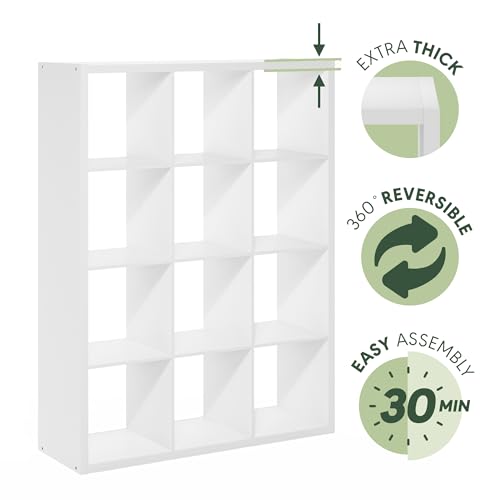 Furinno Cubicle Book Shelf, 12-Cube Bookshelf, Extra Thick Frame Reversible Tall Wide Bookcase with Open Back, 14.6 x 43.8 x 58, for Living Room, Bedroom, Home Office, Plain White - color: Plain White, size: 12-Cube