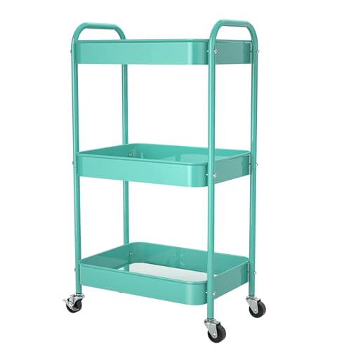 3-Tier Rolling Metal Storage Cart with Wheels, Multi-Functional Organizer for Office, Kitchen, Bathroom, Books Diapers - Easy Assembly (Blue) - color: Blue