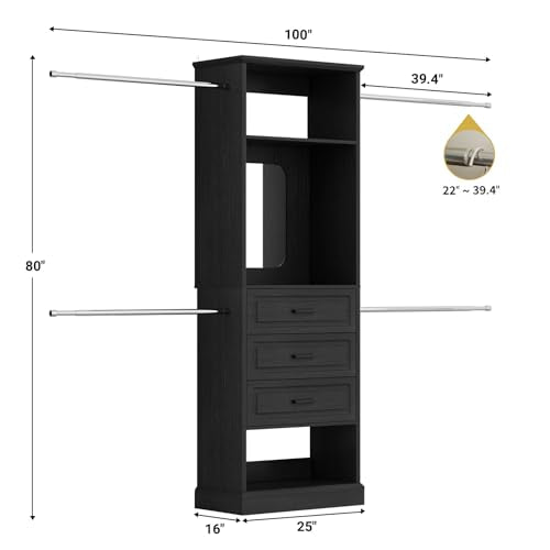 Unikito Closet System, 4FT - 9FT Closet Organizer with Mirror, Luxury Walk in Closet Insert with Drawers and 4 Hanging Rods, Sturdy Wood Wardrobe Closet Garment Rack with 25” Tower, Black - color: Black