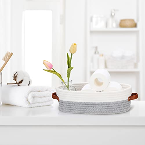 Bathroom Countertop Organizer Basket, Cotton Rope Woven Storage Basket Toilet Paper Decorative Basket for Bathroom, Bedroom, Living Room, Entryway 13"x6.3"x4.3" (Off White/Gray) - color: Off White & Gray